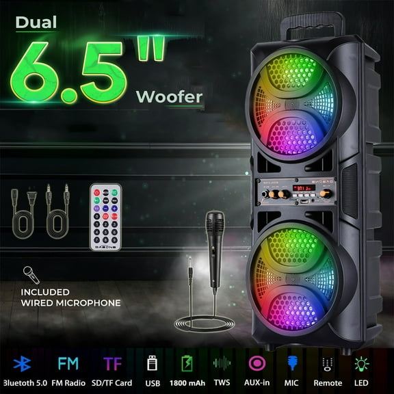 RIDWIND 3000W Peak Power Wireless TWS Portable Loud Party Bluetooth Speaker with Dual 6.5" Woofer LED Colorful Lights Microphone Remote Control Support FM/TF/USB/AUX