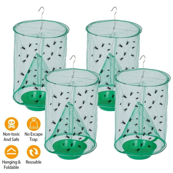 RIDWIND 4-Pack Ranch Fly Trap Reusable Hanging Fly Catcher Cage with Pots Flies Killer Control for Indoor and Outdoor, Family Farms, Park, Restaurants
