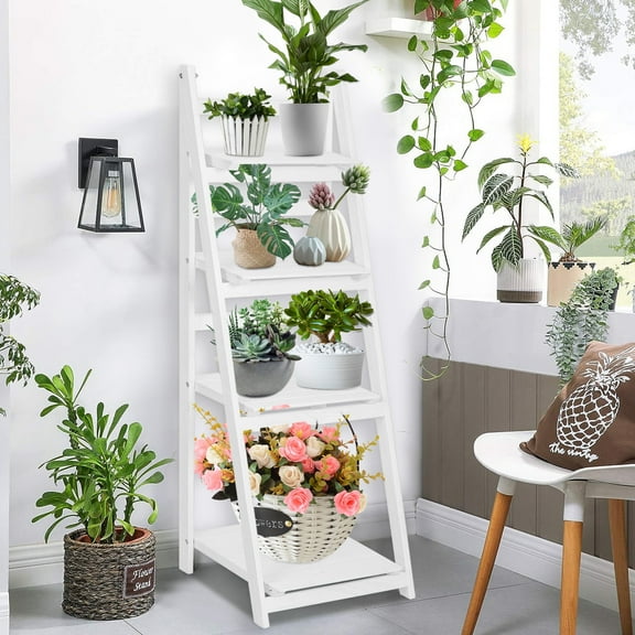 RIDWIND 4-Tier Folding Ladder Plant Stand Flower Pot Rack Wooden Shelf Display Holder White
