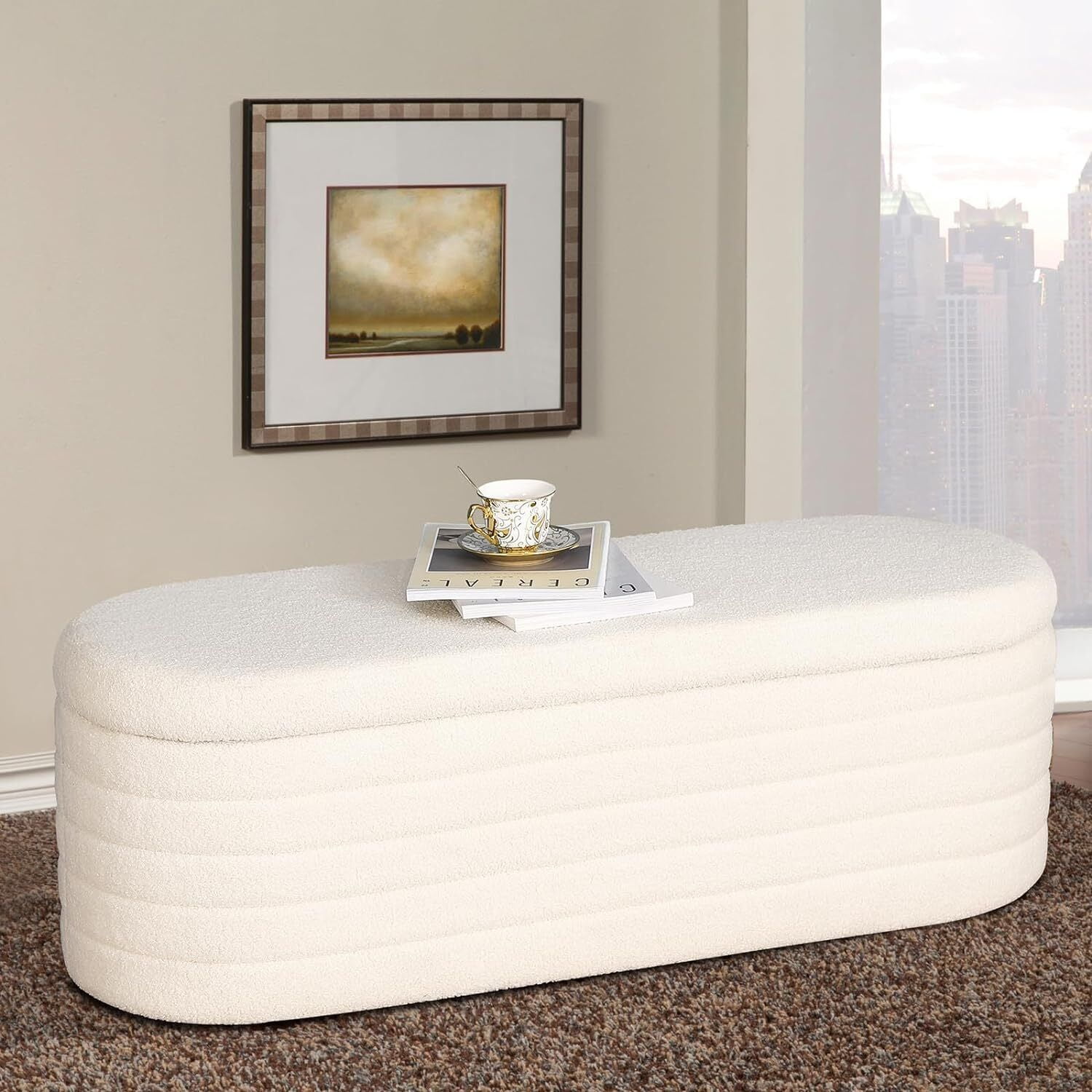 RIDWIND 45.5 inch White Teddy Velvet Storage Ottoman Bench Upholstered Bedroom End of Bed with Safety Hinge for Bedroom Living Room Entryway Dorm Foot Rest Footstool