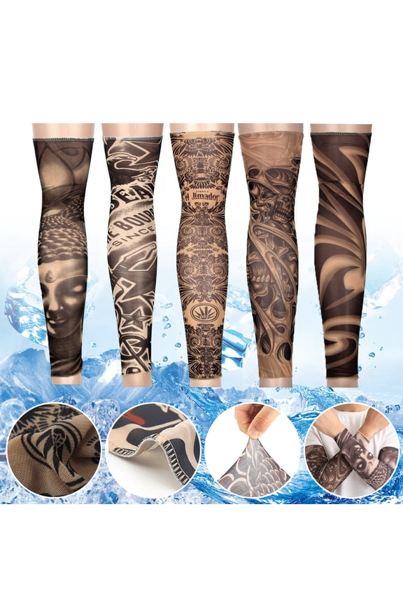 5Pcs Tattoo Sleeves Fake Cooling Arm Sleeves Cover Realistic Soft Elasticity UV Protection for Men Women Working