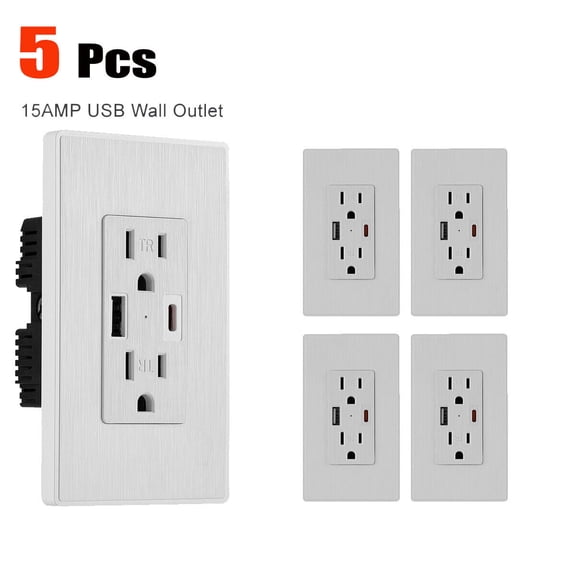 RIDWIND 5Pcs USB Charger Wall Outlet 15 Amp Duplex Tamper Resistant Receptacle Plug with Type A & Type C Dual USB Ports Wall Plate Included White