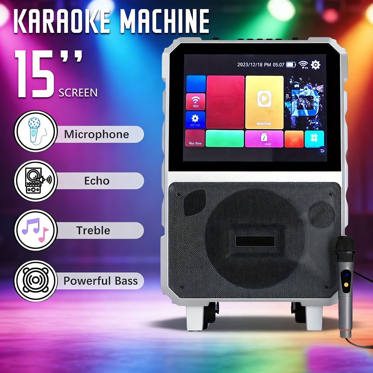 RIDWIND 8" Subwoofer Karaoke System with Lyrics Display, Built-in Tablet, Rechargeable Wireless Speaker with One Mics & DJ Lights, All-in-One Entertainment for Adults, Home & Party Use