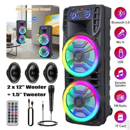 RIDWIND 8000W Peak Power Dual 12" Woofers Portable Bluetooth Speaker Indoor & Outdoor Loud Heavy Bass Sound System With Microphone RGB Party Lights Remote Control Support TWS/USB/FM/AUX/TF
