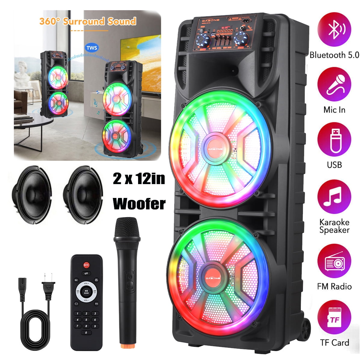 RIDWIND 8000W Peak Power Portable Bluetooth Speaker Indoor & Outdoor Dual 12" Woofers Loud Heavy Bass Sound System With Wireless Microphone RGB Party Lights Remote Control Support TWS/USB/FM/AUX/TF