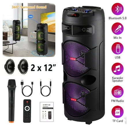 RIDWIND 9000W Peak Power Portable Bluetooth Speakers Portable with Double 12 inch Subwoofer Heavy Bass,FM Radio, Wireless Microphone, Party Lights, Remote Control TWS Stereo Sound System Speaker