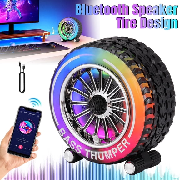 RIDWIND Bluetooth Speaker, Classic Tire Design Portable Wireless Speaker with LED Party Lights, Deep Bass 3" Stereo, USB TF MP3, TWS FM Radio