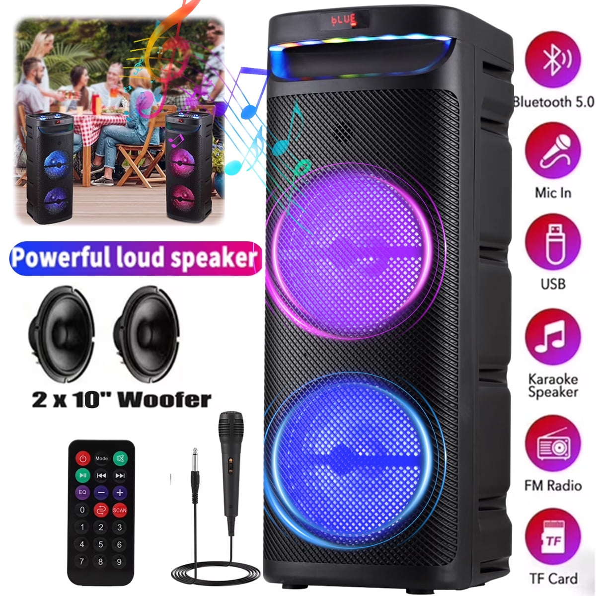RIDWIND 5000W Peak Power Dual 10" Woofers Portable Party Speaker, Indoor & Outdoor Loud Heavy Bass Sound System with Microphone, RGB Lights, Remote Control, Support TWS/USB/FM, Rechargeable Battery