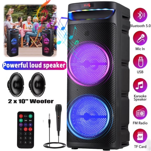 RIDWIND Dual 10-Inch Subwoofer Party Speaker with Bluetooth, RGB Lights, Remote Mic, FM, USB/TF, TWS, 24H Playtime