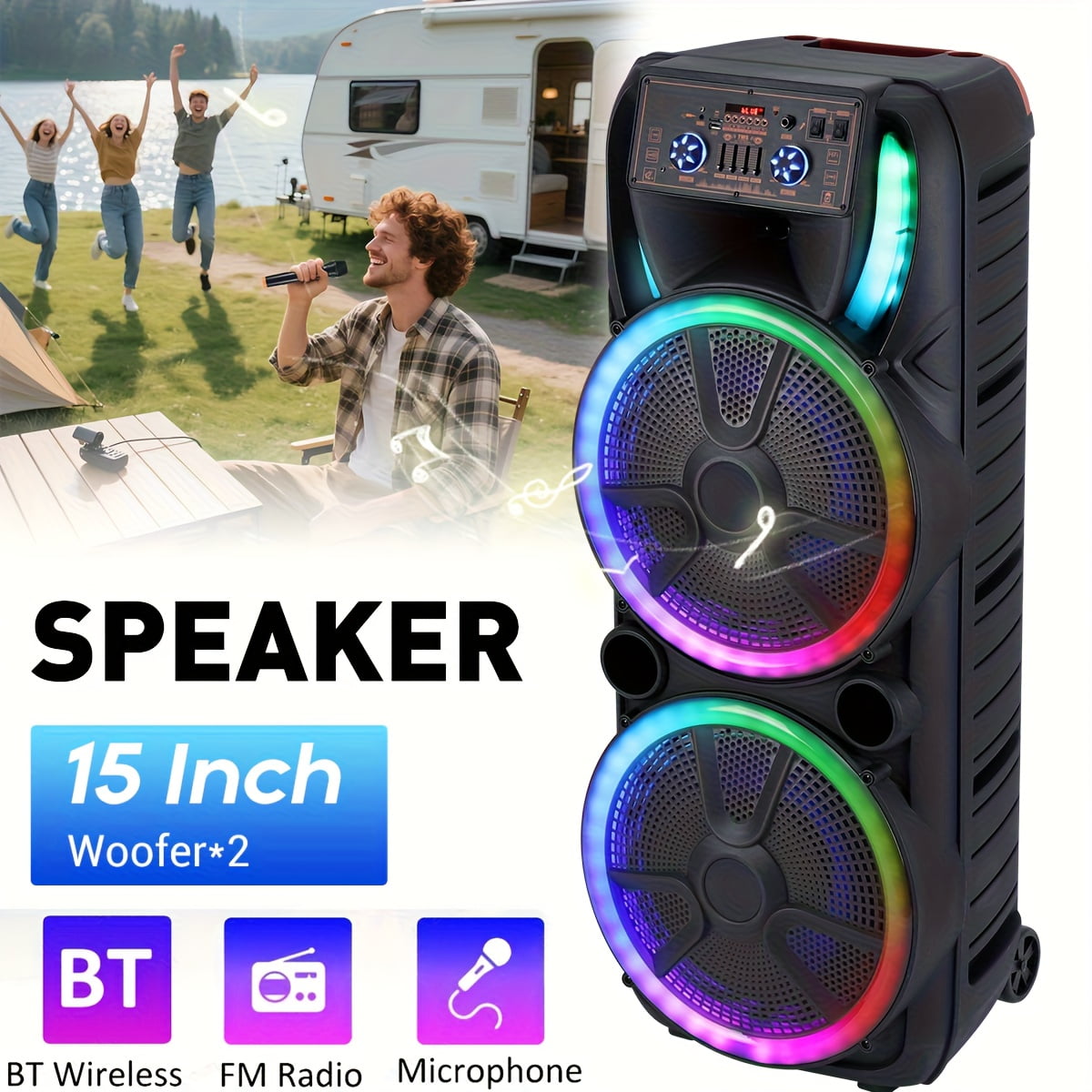 RIDWIND Dual 15-Inch Karaoke Party Speaker System with Wireless Bluetooth, 2 Microphones, LED Light Show, Portable Loud Speaker with Remote & Rechargeable Battery