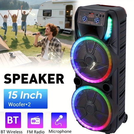 RIDWIND Dual 15-Inch Karaoke Party Speaker System with Wireless Bluetooth, 2 Microphones, LED Light Show, Portable Loud Speaker with Remote & Rechargeable Battery