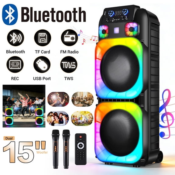 RIDWIND High Power Dual 15" Woofers Portable Bluetooth Speaker Indoor & Outdoor Loud Heavy Bass Sound System With Microphone RGB Party Lights Remote Control Support TWS/USB/FM/AUX/TF