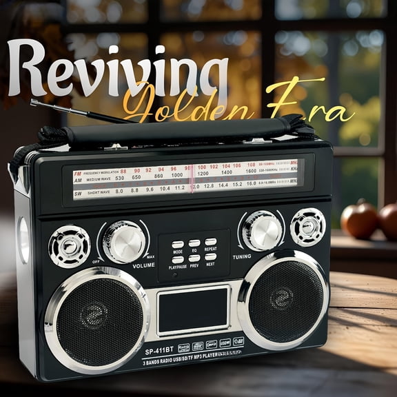 RIDWIND Portable 3-Band Radio with Wireless, Solar Panel, LED Flashlight, Retro Speaker, AM/FM/SW Receiver with MP3, AUX/TF/SD, Telescopic Antenna, Ideal for Camping ,Black 1PC