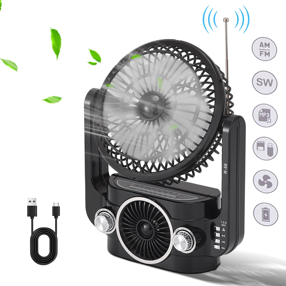 RIDWIND Portable Desktop Fan Rechargeable With Bluetooth Speaker MP3 Music Player Support USB/TF Cards/FM/AM/SW For Home Office Travel