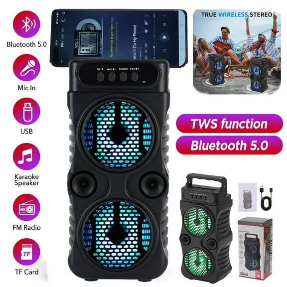 RIDWIND Portable Mini Bluetooth Speaker Dual 3 inch Wireless Rechargable Speaker With Phone Holder LED Party Lights AUX/FM/USB/TF/TWS Support
