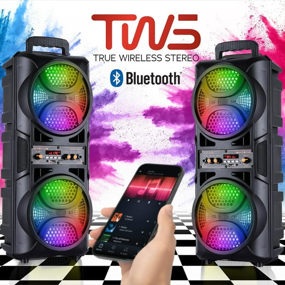 RIDWIND Set of 2 3000W Peak Power Wireless TWS Portable Loud Party Bluetooth Speaker with Dual 6.5" Woofer LED Colorful Lights Microphone Remote Control Support FM/TF/USB/AUX