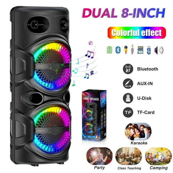 RIDWIND TWS Portable Bluetooth Speaker Dual 8" Woofers Heavy Bass Sound System W/ Microphone Remote Control LED Party Lights Support FM/AUX/MP3/USB/TF