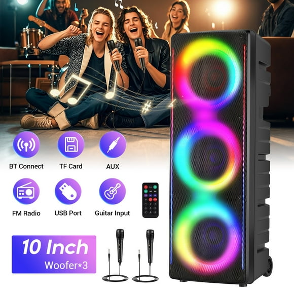 RIDWIND Triple 10" Bluetooth Party Speaker with Two Microphone, High Power Stereo Rechargeable Speaker with LED Lights, FM Radio & USB, Portable Wireless PA Speaker