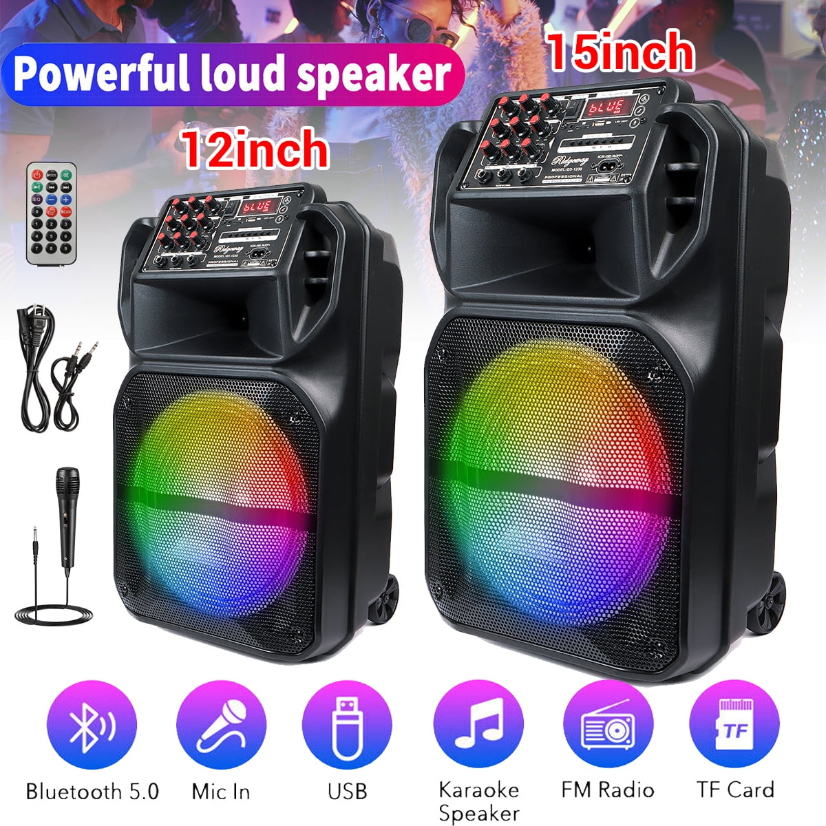 RIDWIND Wireless Portable Bluetooth Speaker 12" Subwoofer Indoor & Outdoor DJ Sound Stereo Loudspeaker Built-in Party Lights and Rolling Wheels W/ Microphone & Remote Control Support AUX/USB/TF/FM