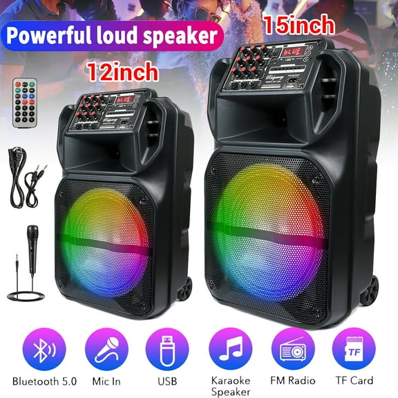 RIDWIND Wireless Portable Bluetooth Speaker 15" Subwoofer Indoor & Outdoor DJ Sound Stereo Loudspeaker Built-in Party Lights and Rolling Wheels W/ Microphone & Remote Control Support AUX/USB/TF/FM