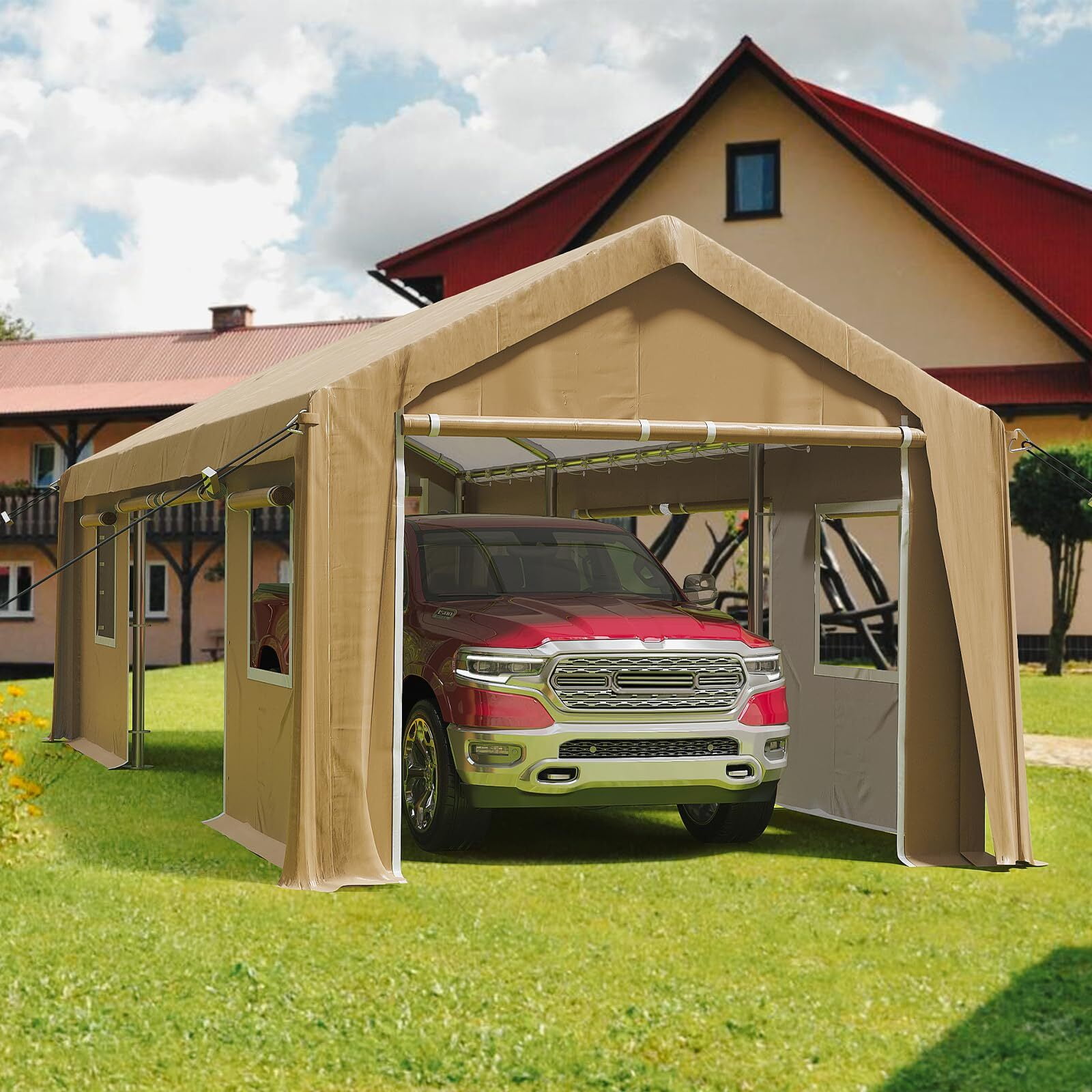 Earthy Yellow 13'x20' Metal Frame Portable Carport with Windows