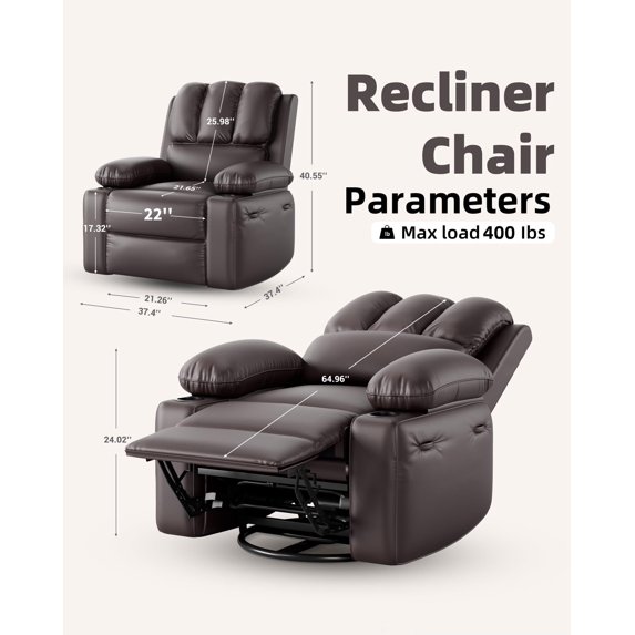 RIEDHOFF 22'' Recliner Chair, Manual Recliner for Adults, Lazy chair with 1.5X Sponge Filling, Cup Holder, and Retractable Armrests, for Living Rooms, Bedrooms, and Nurseries