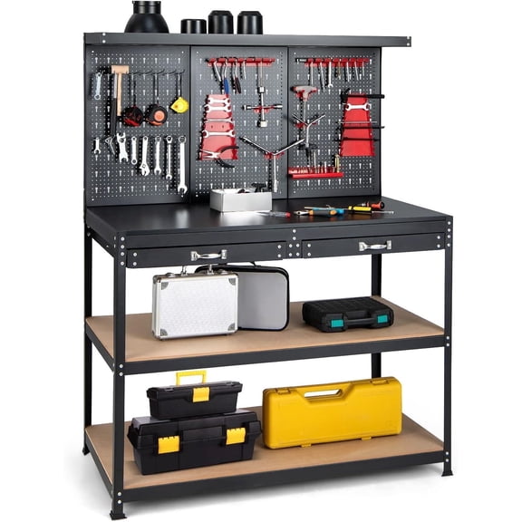 Goldensoil 48" Steel Tool Workbench, with 2 Drawers, Heavy-Duty, Pegboard, 1000 LB Capacity