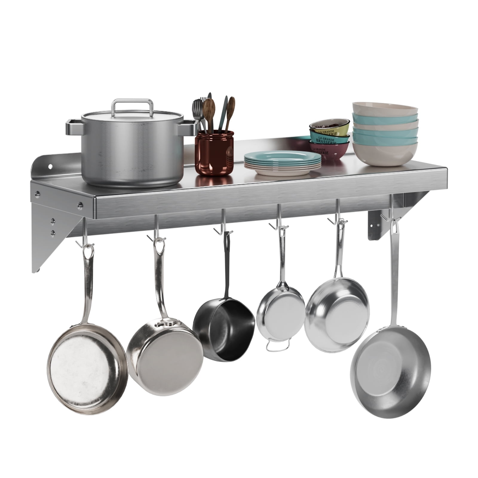 RIEDHOFF Metal Multifunctional Storage Rack with Backplash for Kitchen, [NSF Certified] 12" x 36" Stainless Steel Wall Mount Shelf with 6 Hooks for Hanging Pots, Pans,cookware in Home and Restaurant