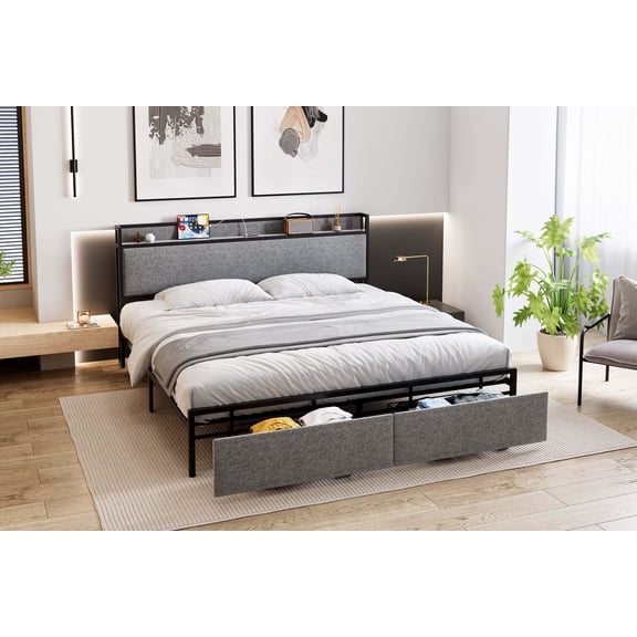 RIEDHOFF Platform Bed Frame with 4 Storage Drawers, USB & USB-C Ports, Velvet, Adult, KING Size
