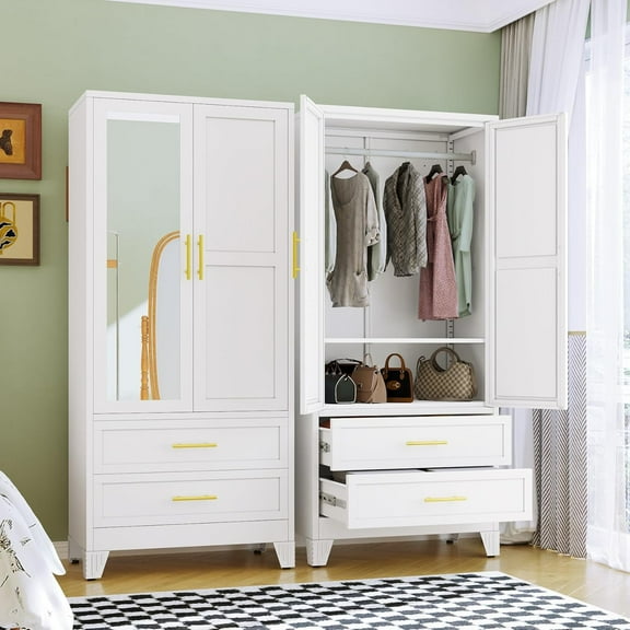 RIETERN Metal Armoire Wardrobe Closet, 71" Tall Bedroom Closet with Mirror, 2 Drawers, Adjustable Shelves, and Hanging Rod, Steel Clothes Closets and Storage, for Bedroom White