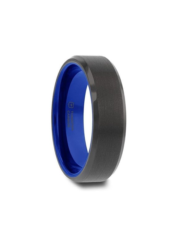 RIGEL Flat Beveled Edges Black Tungsten Ring with Brushed Center and Vibrant Blue Inside - 6mm - Size 6