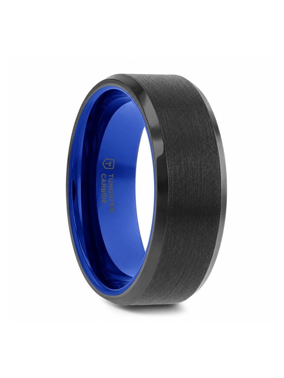 RIGEL Flat Beveled Edges Black Tungsten Ring with Brushed Center and Vibrant Blue Inside - 8mm - Size 8.5