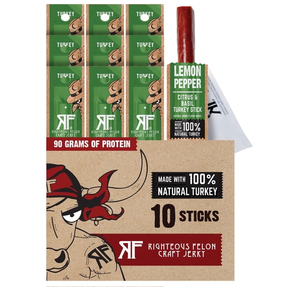 Righteous Felon Meat Sticks - Gluten Free & Keto Turkey Sticks, Protein Snack, Lemon Pepper, 10 pack