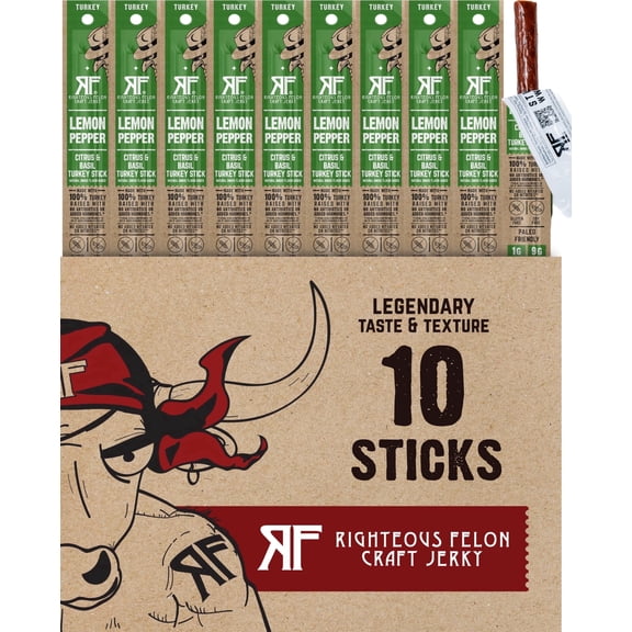 Righteous Felon Meat Sticks - Gluten Free & Keto Turkey Sticks, Protein Snack, Lemon Pepper, 10 pack