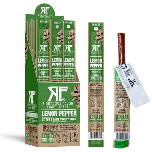 Righteous Felon Meat Sticks - Gluten Free & Keto Turkey Sticks, Protein Snack, Lemon Pepper, 24 pack