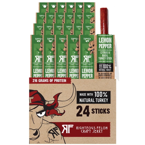 Righteous Felon Meat Sticks - Gluten Free & Keto Turkey Sticks, Protein Snack, Lemon Pepper, 24 pack