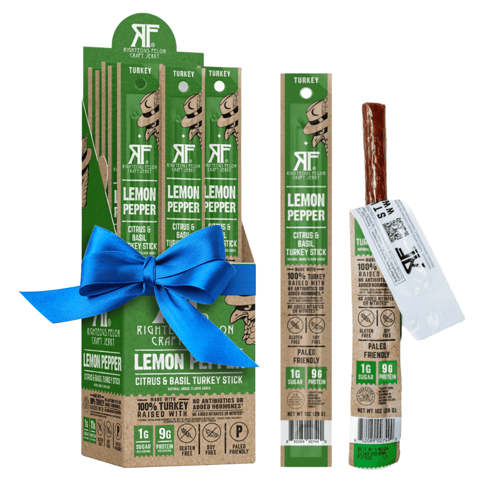 Righteous Felon Meat Sticks - Gluten Free & Keto Turkey Sticks, Protein Snack, Lemon Pepper, 24 pack