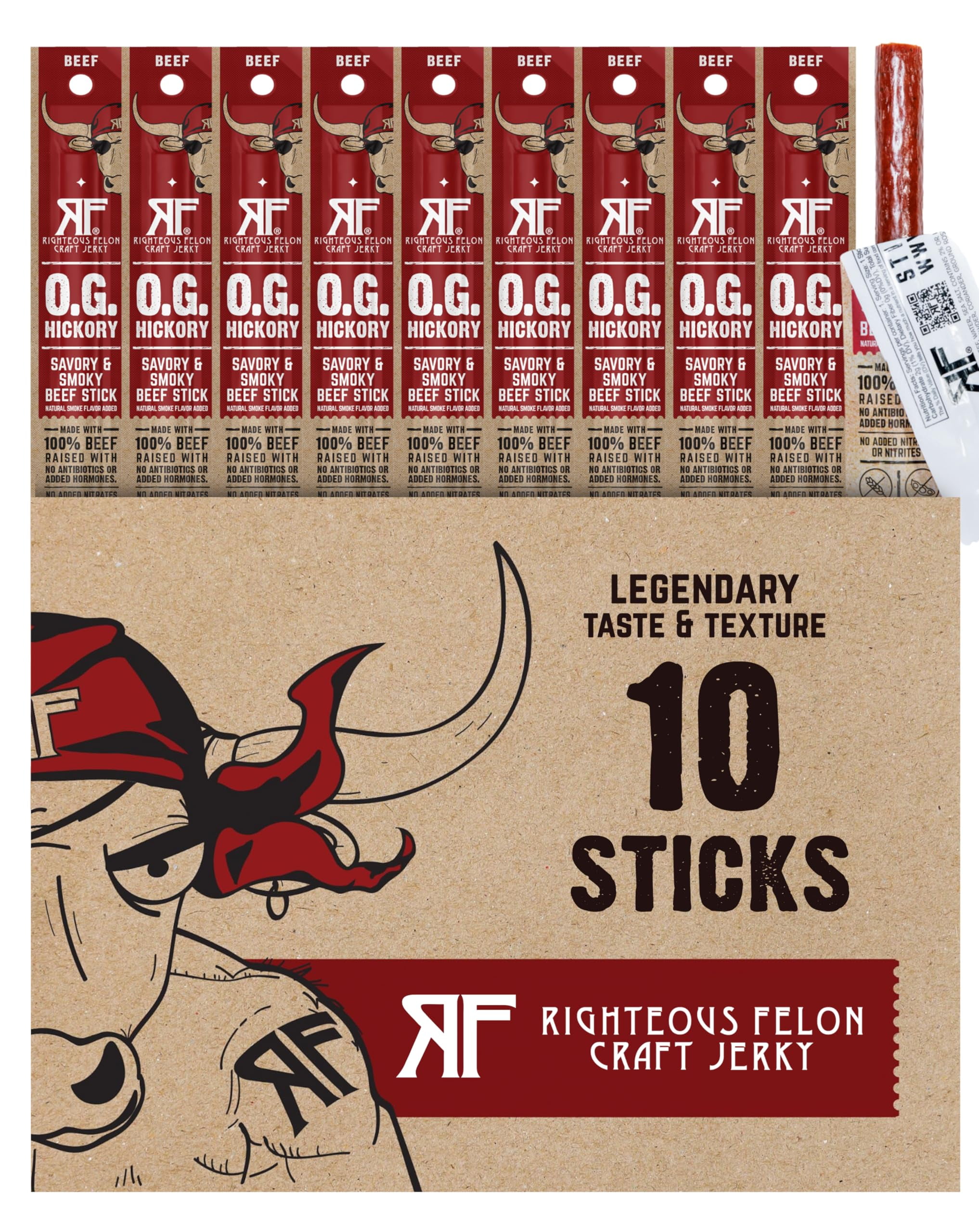 Righteous Felon Meat Sticks - Gluten Free & Keto Beef Sticks - Low Sugar & High Protein Snacks - OG Hickory, 10 pack