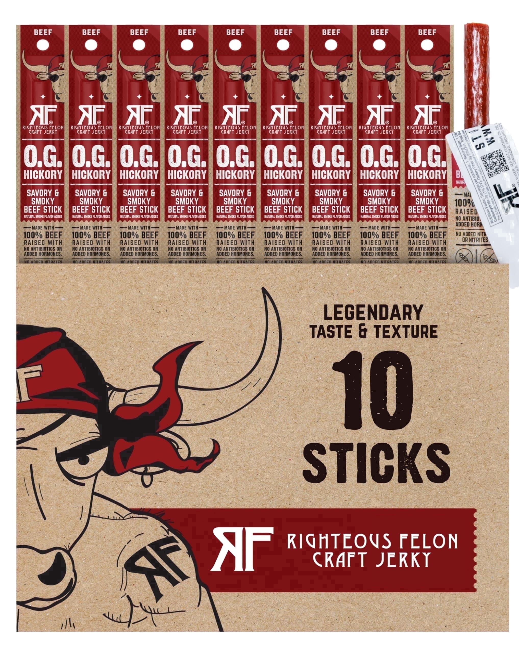 Righteous Felon Grass-Fed Meat Sticks - Low Sugar, High Protein Beef - OG Hickory, 10 pack