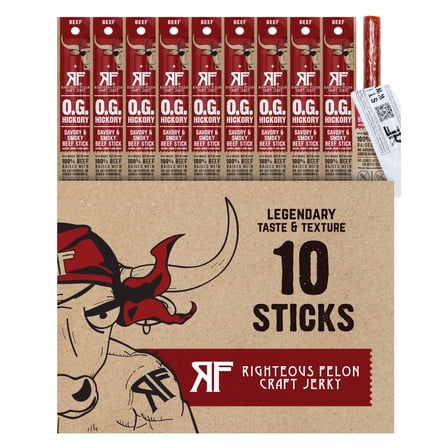 Righteous Felon Grass-Fed Meat Sticks - Low Sugar, High Protein Beef - OG Hickory, 10 pack