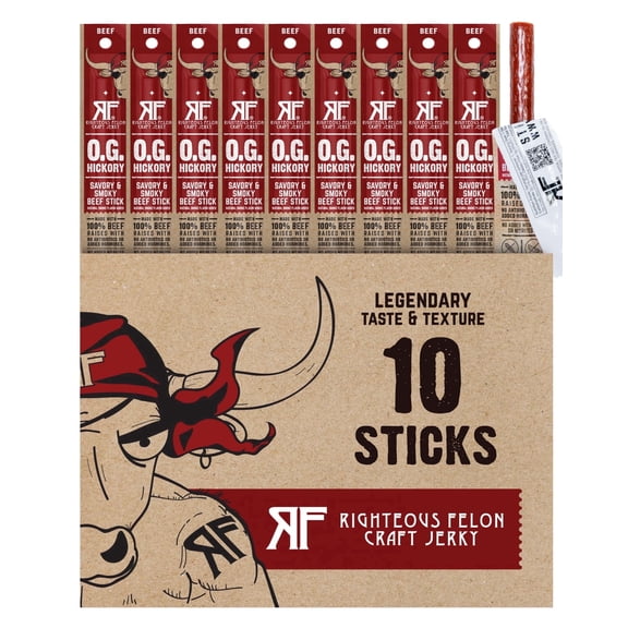 Righteous Felon Grass-Fed Meat Sticks - Low Sugar, High Protein Beef - OG Hickory, 10 pack