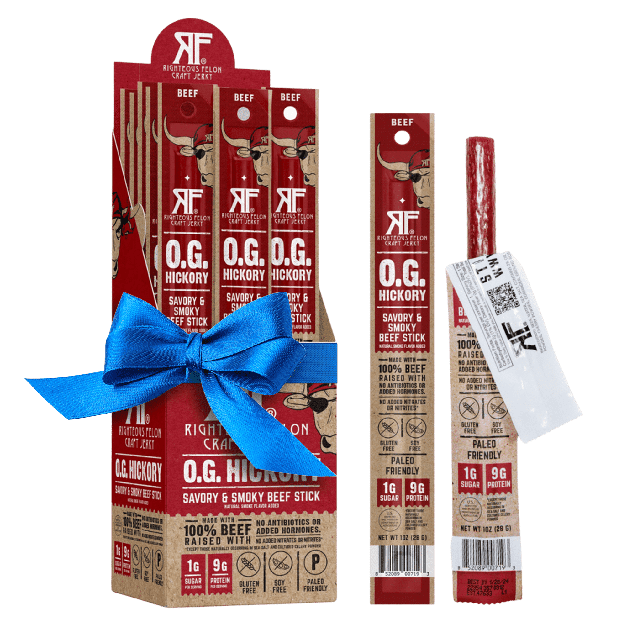 Righteous Felon Grass-Fed Meat Sticks - Low Sugar, High Protein Beef - OG Hickory, 24 pack