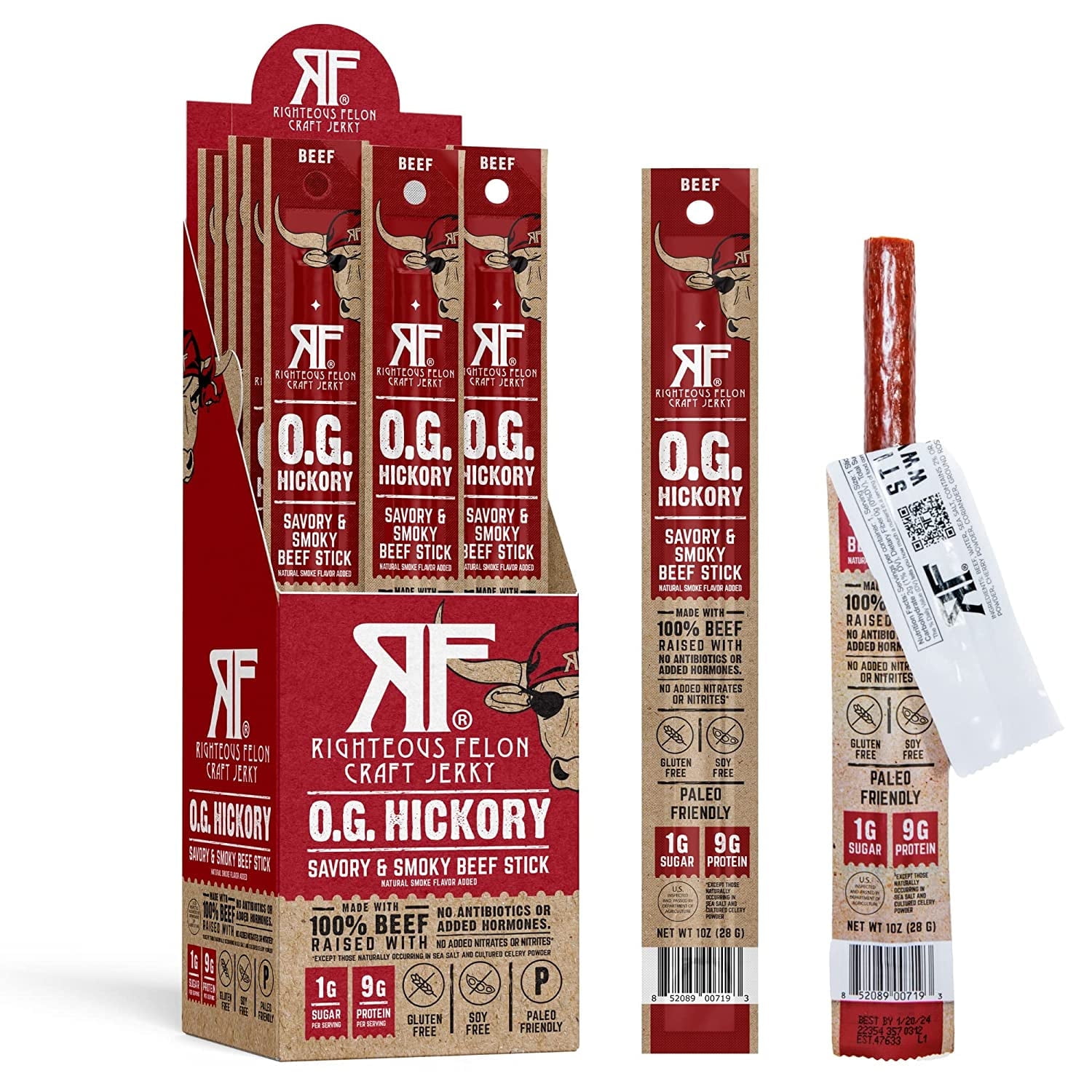 Righteous Felon Meat Sticks - Gluten Free & Keto Beef Sticks - Low Sugar & High Protein Snacks - OG Hickory, 24 pack