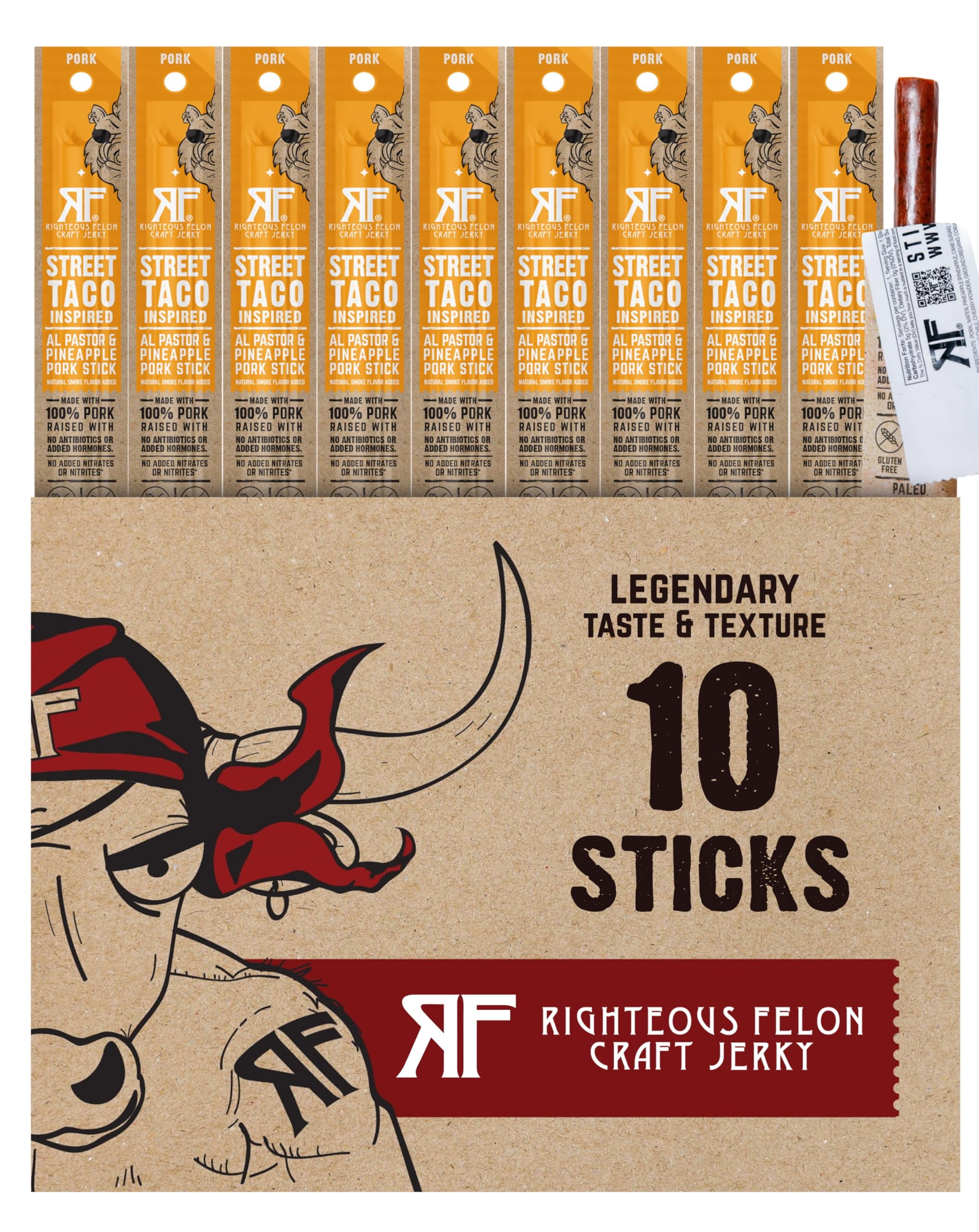 Righteous Felon Meat Sticks - Gluten Free & Keto Pork Sticks - Low Sugar & High Protein Snacks - Street Taco, 10 pack