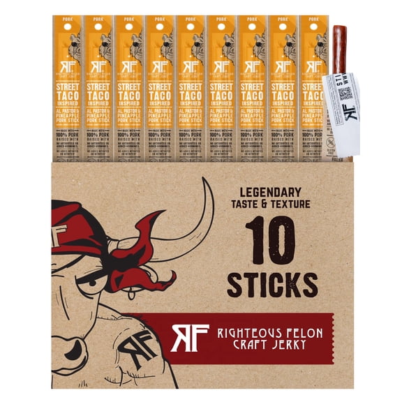 Righteous Felon Meat Sticks - Gluten Free & Keto Pork Sticks, Protein Snacks, Street Taco, 10 pack