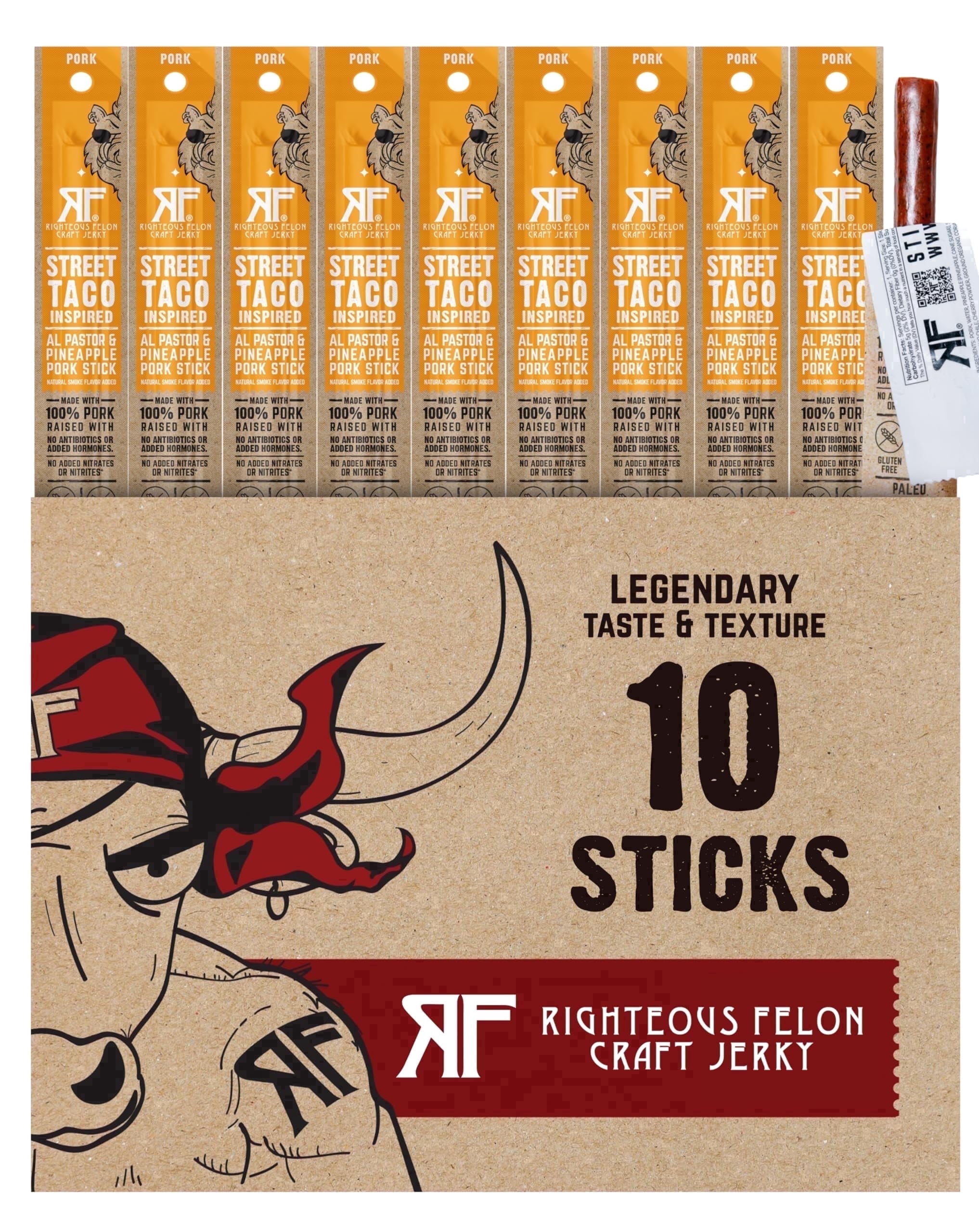 Righteous Felon Meat Sticks - Gluten Free & Keto Pork Sticks, Protein Snacks, Street Taco, 10 pack