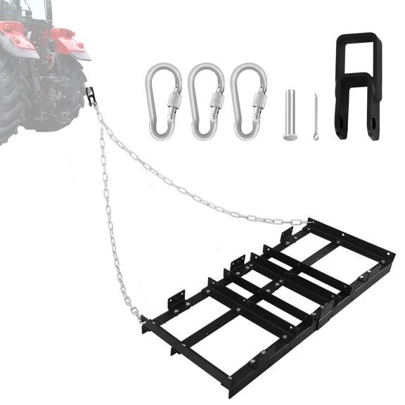 RIGMEC 4 FT Drag Harrow Driveway Grader, Heavy Duty Power Rake with 16 FT Chain, Tow Behind Lawn Rake for ATV, UTV, Tractor, Mower, Land Leveler for Gravel Sand Soil Hay