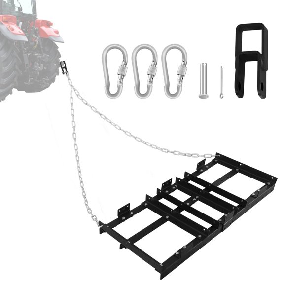 RIGMEC 4 FT Drag Harrow Driveway Grader, Heavy Duty Power Rake with 16 FT Chain, Tow Behind Lawn Rake for ATV, UTV, Tractor, Mower, Land Leveler for Gravel Sand Soil Hay