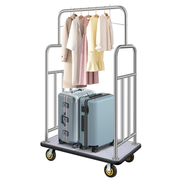 RIGMEC Hotel Luggage Cart, 1200LBS Load Capacity , Brushed Stainless Steel Commercial Grade Hotel Luggage Trolley with Grey Carpeted Deck for Hotels (42.5''L x 25''W x 71''H)