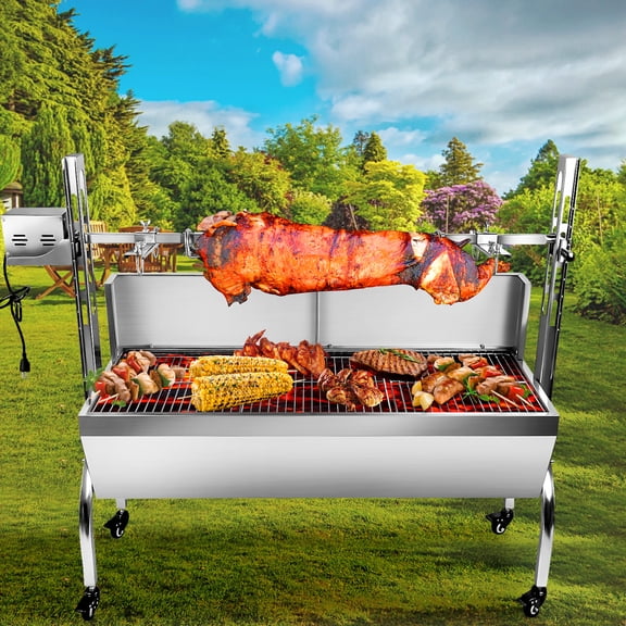 RIGMEC Rotisserie Grill with 176 lbs Capacity, Outdoor BBQ Spit Roaster for Pig & Lamb, Electrical Grill with 25W Motor, Adjustable Height, Stainless Steel Design with Wheels